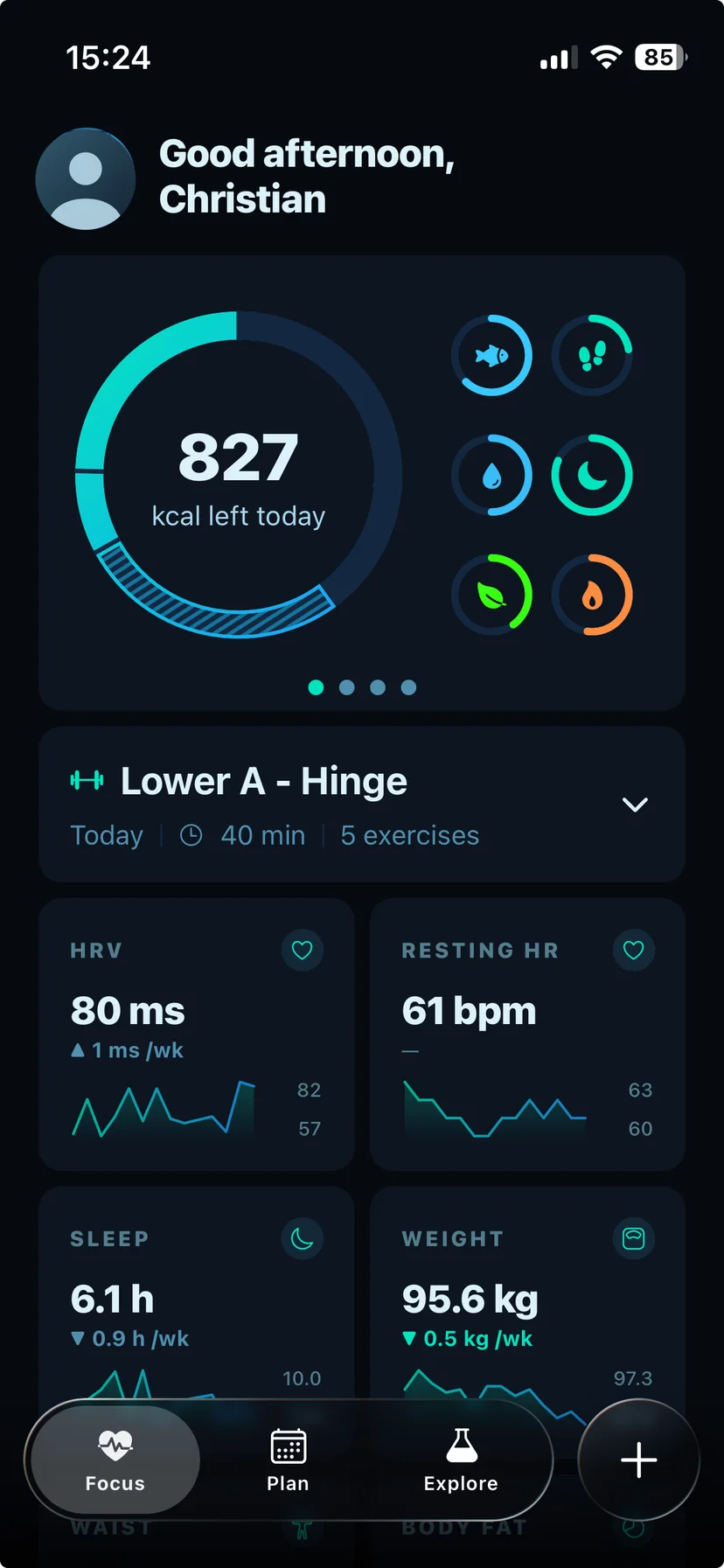 The Focus screen: 827 calories left today in a segmented ring, six nutrient and activity gauges, today's session, and tiles for HRV, resting heart rate, sleep and weight.