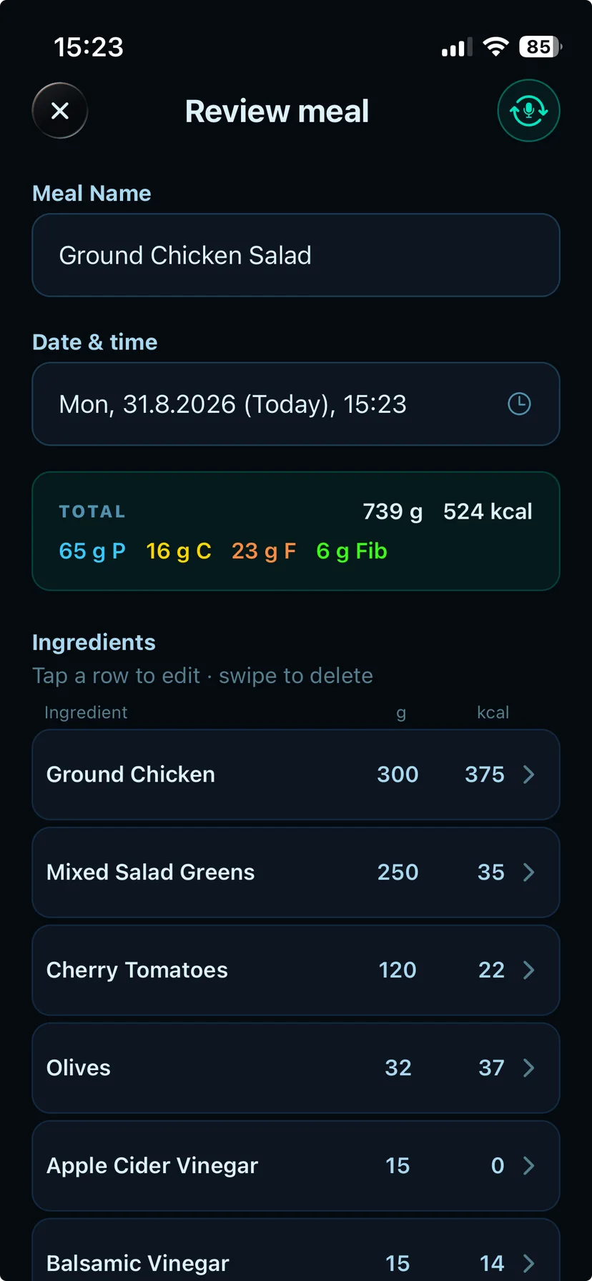 The meal review screen in the app, showing the same meal with its six ingredients and 524 calorie total.