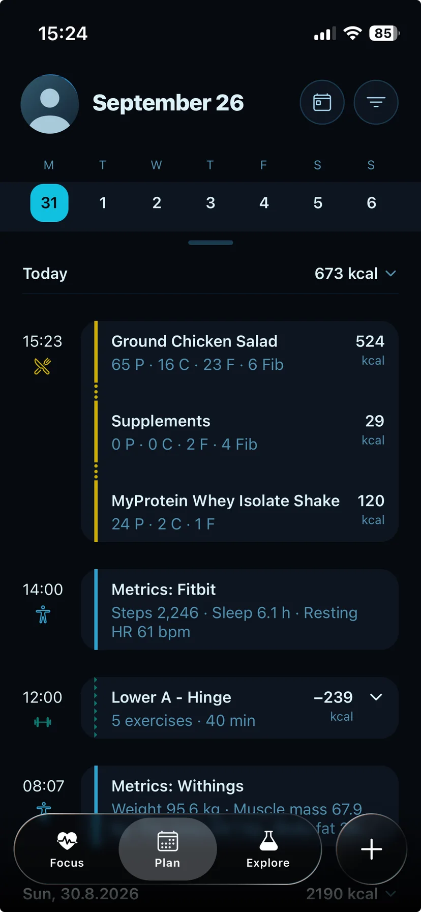 The Plan screen: a day's timeline of meals, synced device readings and a logged workout.